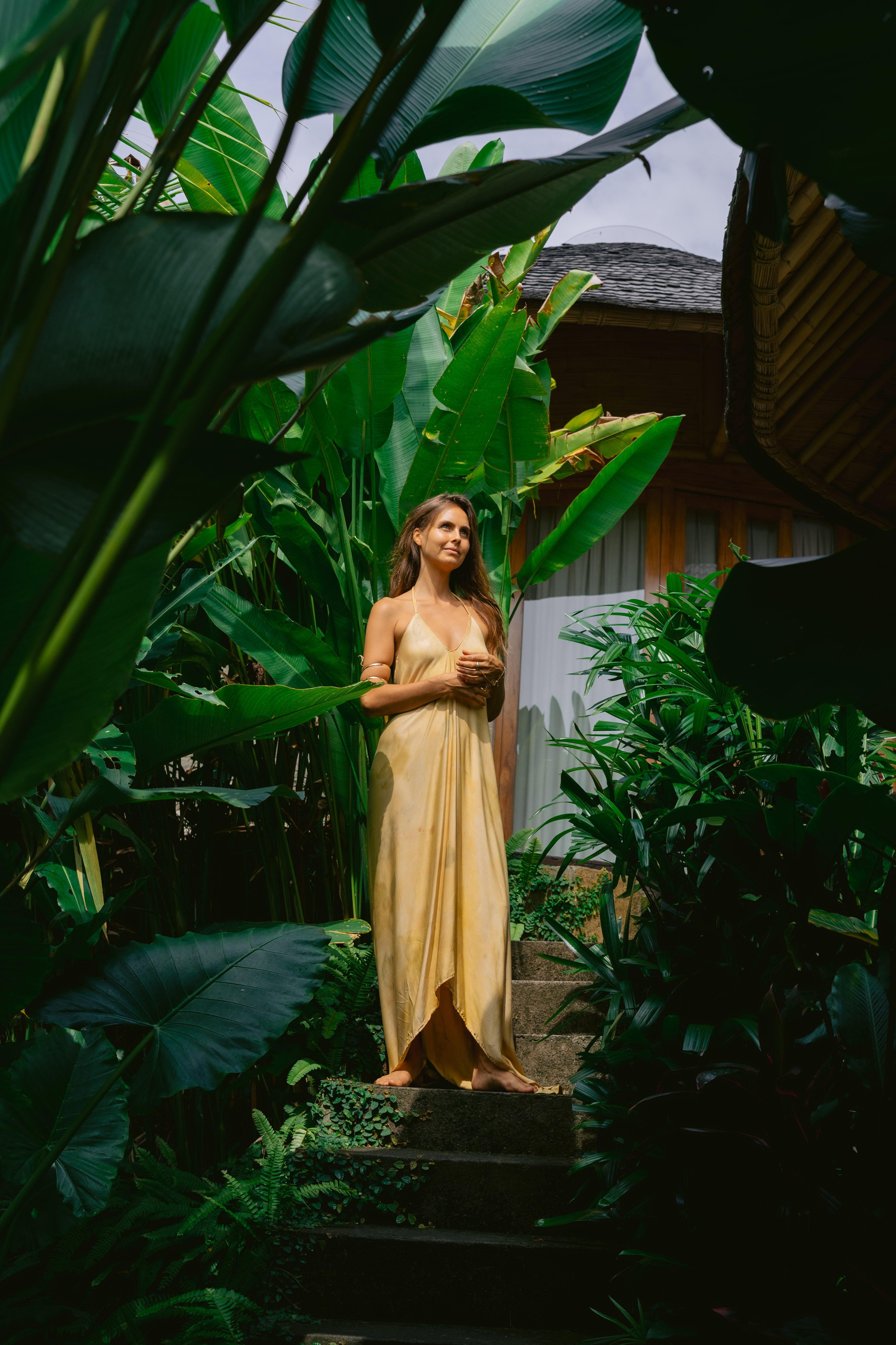 The Goddess – Golden Yellow  Eco Vero Friendly Print Dress